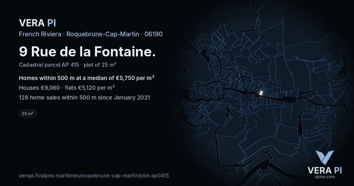 9 Rue de la Fontaine, Roquebrune-Cap-Martin at night – the plot lit, the parcels around coloured by the prices near them