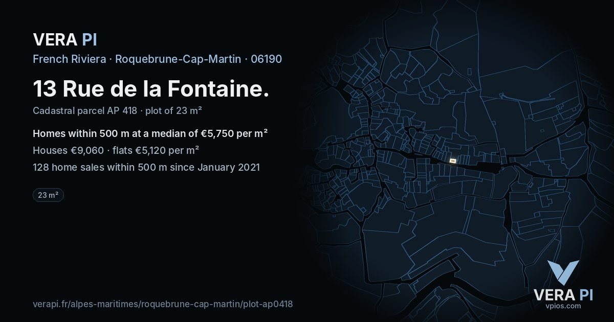 13 Rue de la Fontaine, Roquebrune-Cap-Martin at night – the plot lit, the parcels around coloured by the prices near them