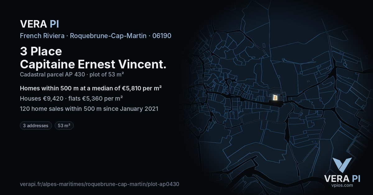3 Place Capitaine Ernest Vincent, Roquebrune-Cap-Martin at night – the plot lit, the parcels around coloured by the prices near them