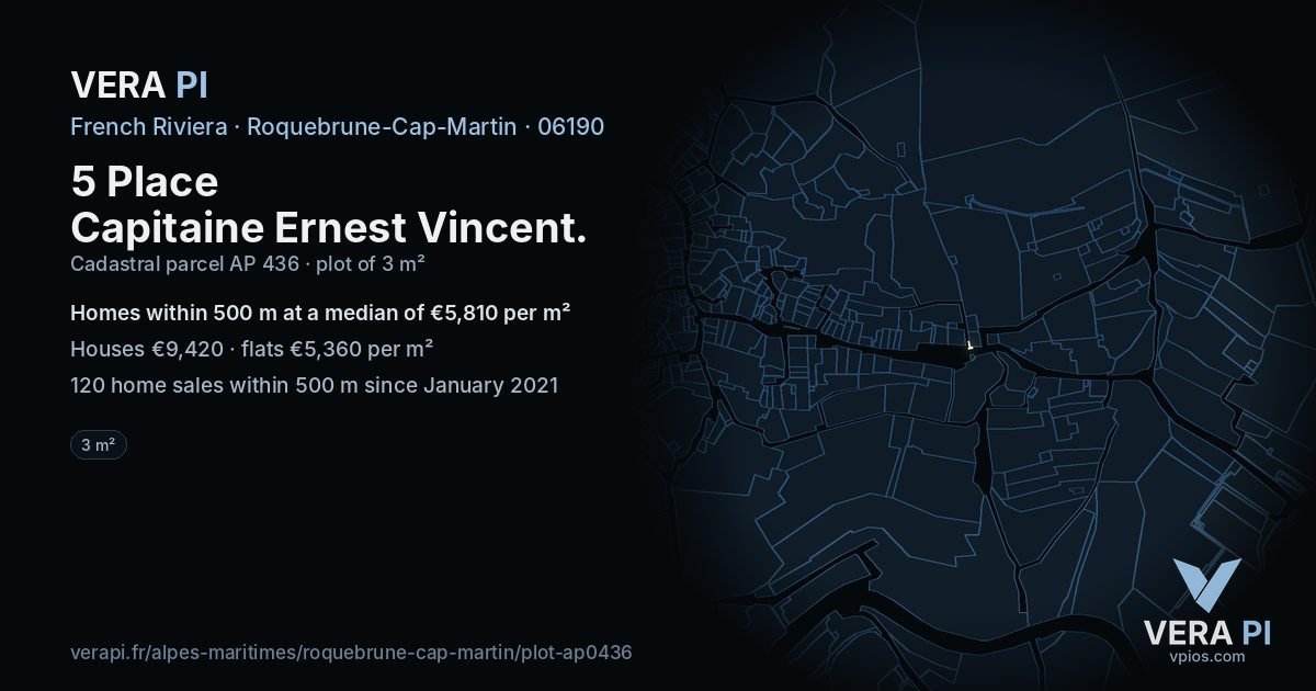 5 Place Capitaine Ernest Vincent, Roquebrune-Cap-Martin at night – the plot lit, the parcels around coloured by the prices near them