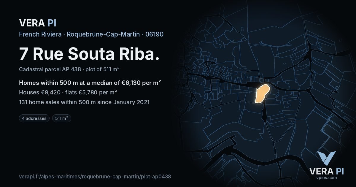 7 Rue Souta Riba, Roquebrune-Cap-Martin at night – the plot lit, the parcels around coloured by the prices near them