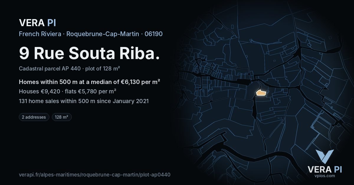 9 Rue Souta Riba, Roquebrune-Cap-Martin at night – the plot lit, the parcels around coloured by the prices near them