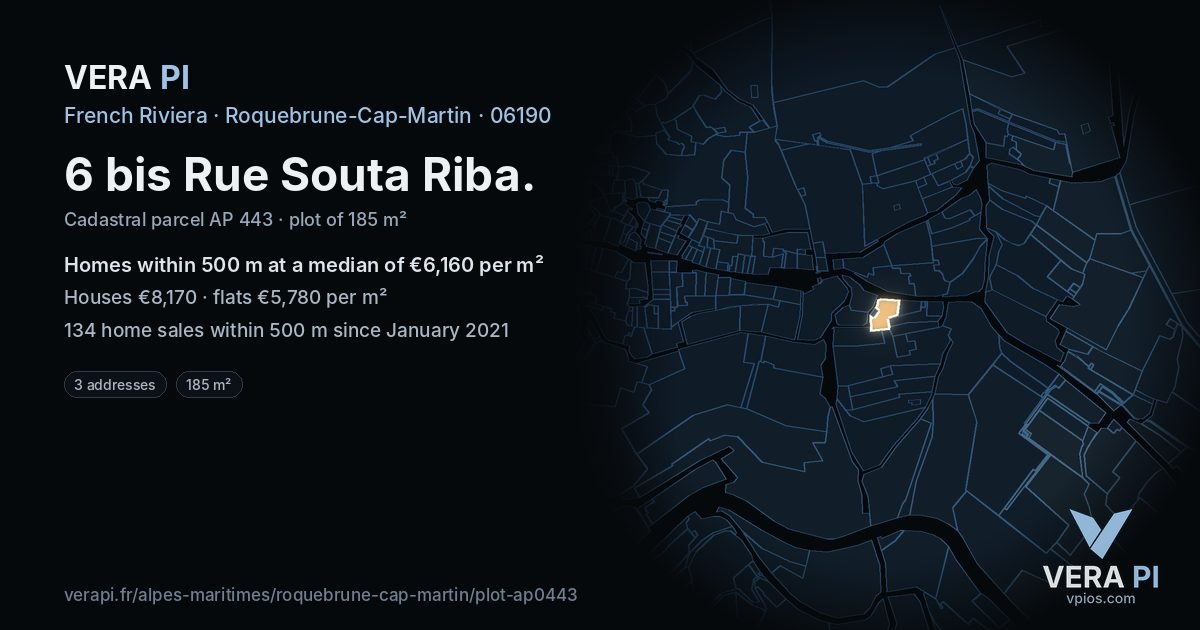 6 bis Rue Souta Riba, Roquebrune-Cap-Martin at night – the plot lit, the parcels around coloured by the prices near them