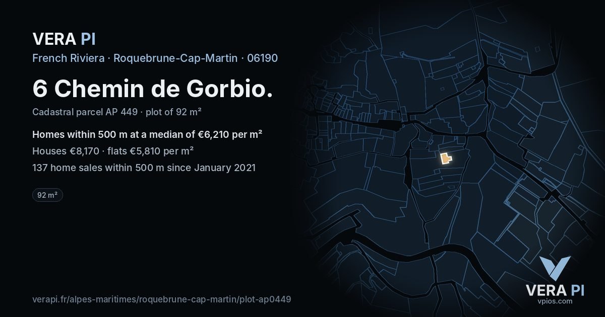 6 Chemin de Gorbio, Roquebrune-Cap-Martin at night – the plot lit, the parcels around coloured by the prices near them