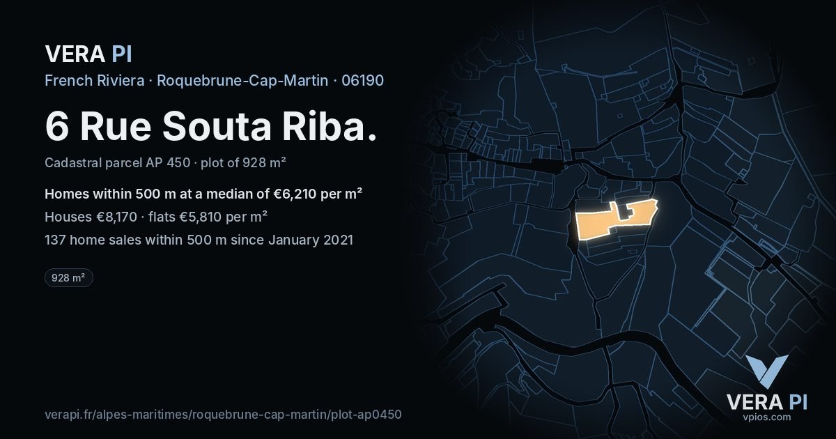 6 Rue Souta Riba, Roquebrune-Cap-Martin at night – the plot lit, the parcels around coloured by the prices near them