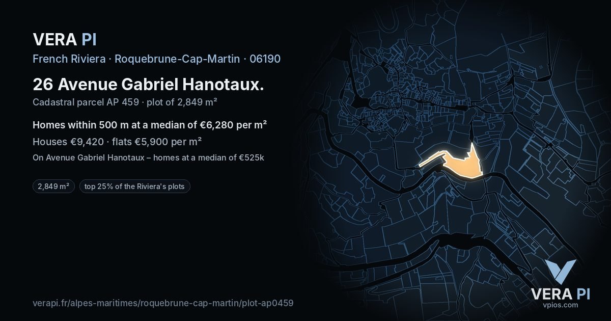 26 Avenue Gabriel Hanotaux, Roquebrune-Cap-Martin at night – the plot lit, the parcels around coloured by the prices near them