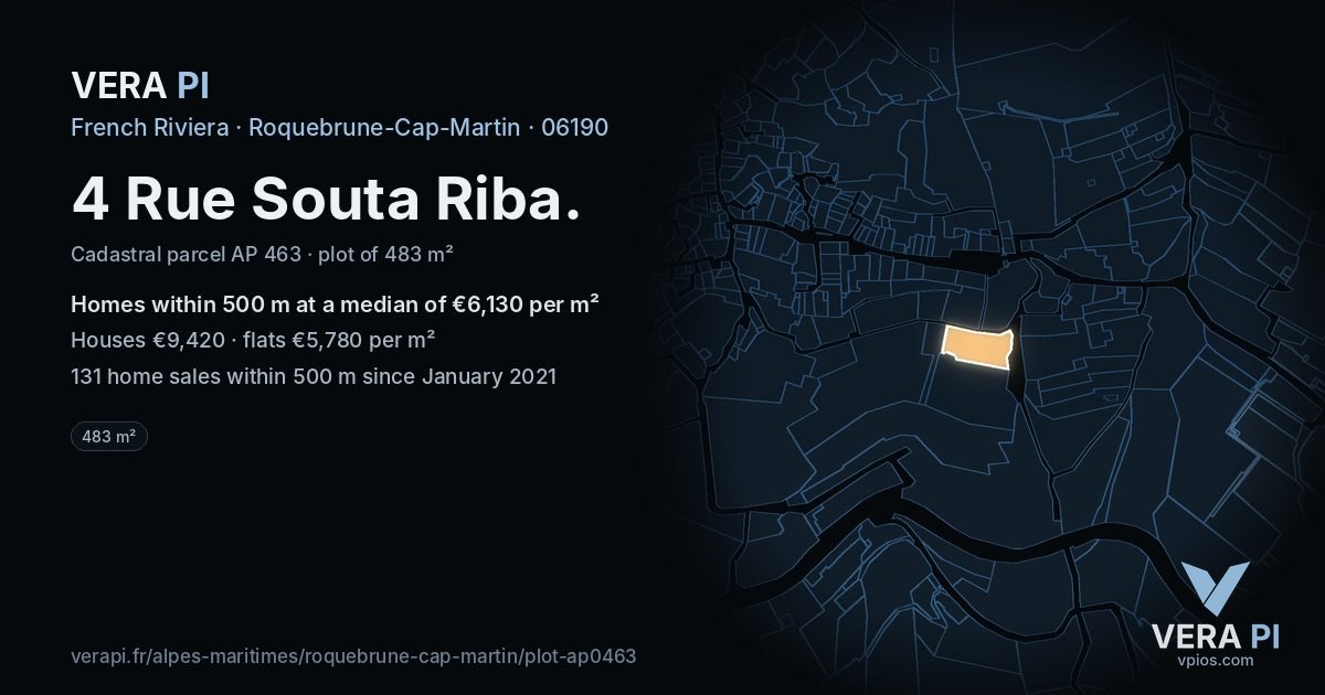 4 Rue Souta Riba, Roquebrune-Cap-Martin at night – the plot lit, the parcels around coloured by the prices near them