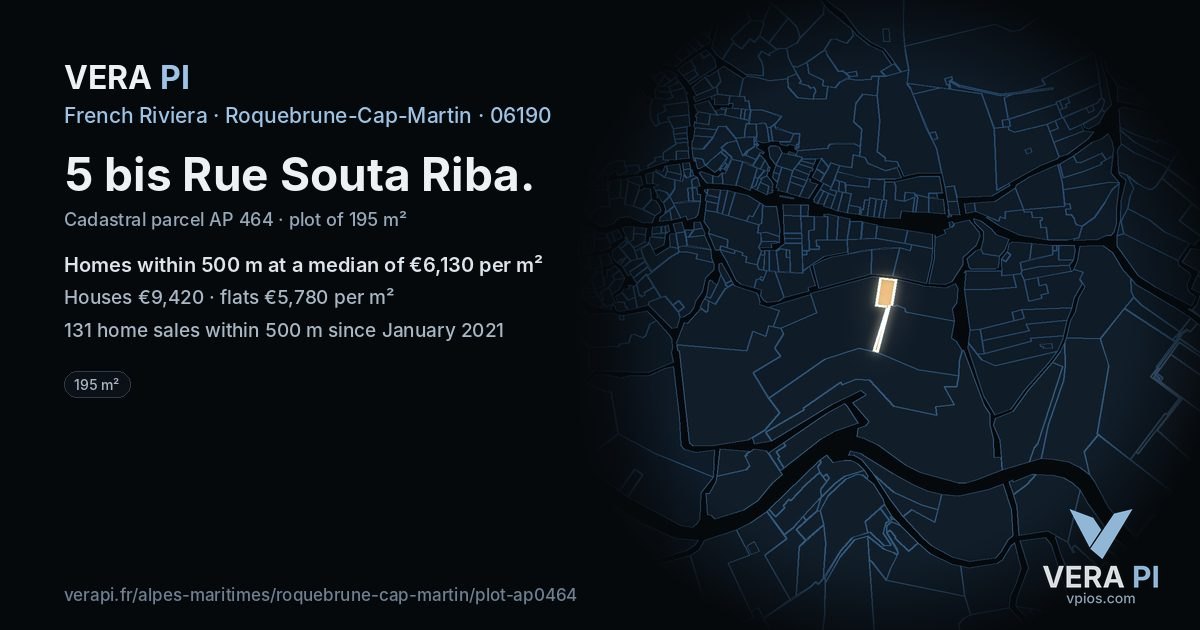 5 bis Rue Souta Riba, Roquebrune-Cap-Martin at night – the plot lit, the parcels around coloured by the prices near them
