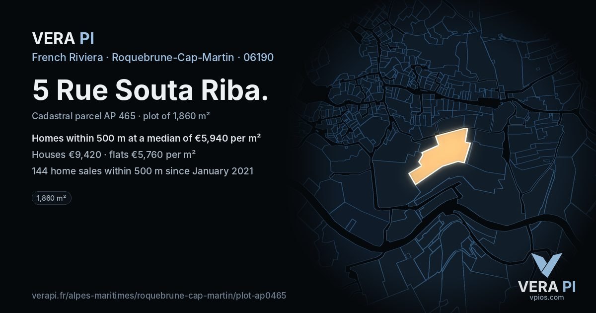 5 Rue Souta Riba, Roquebrune-Cap-Martin at night – the plot lit, the parcels around coloured by the prices near them