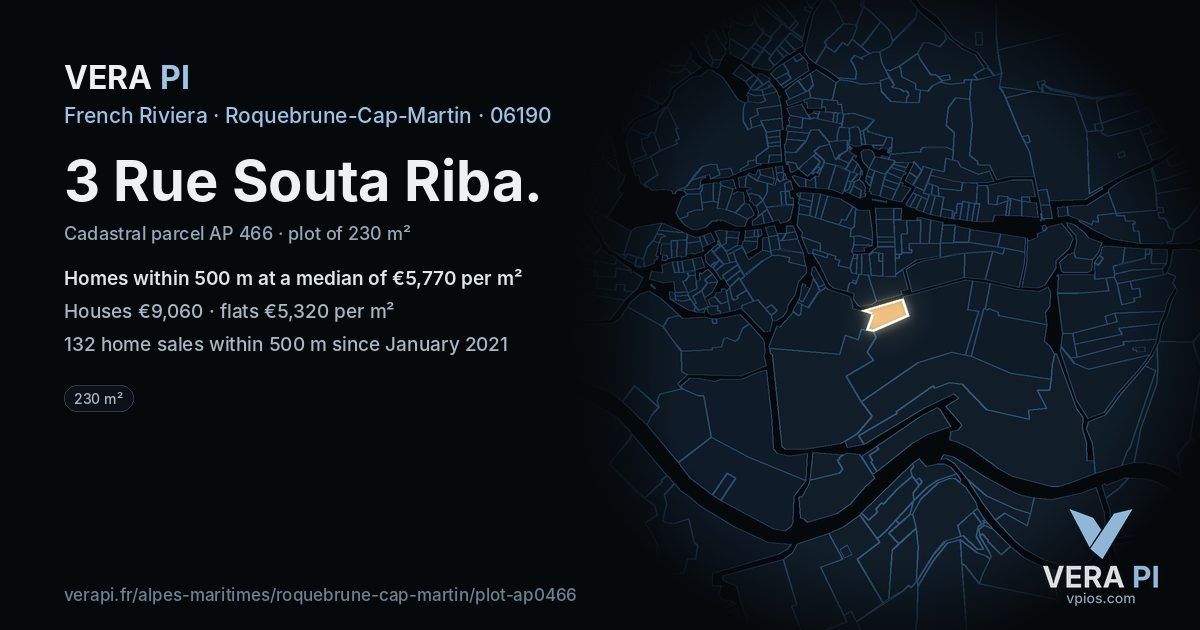 3 Rue Souta Riba, Roquebrune-Cap-Martin at night – the plot lit, the parcels around coloured by the prices near them