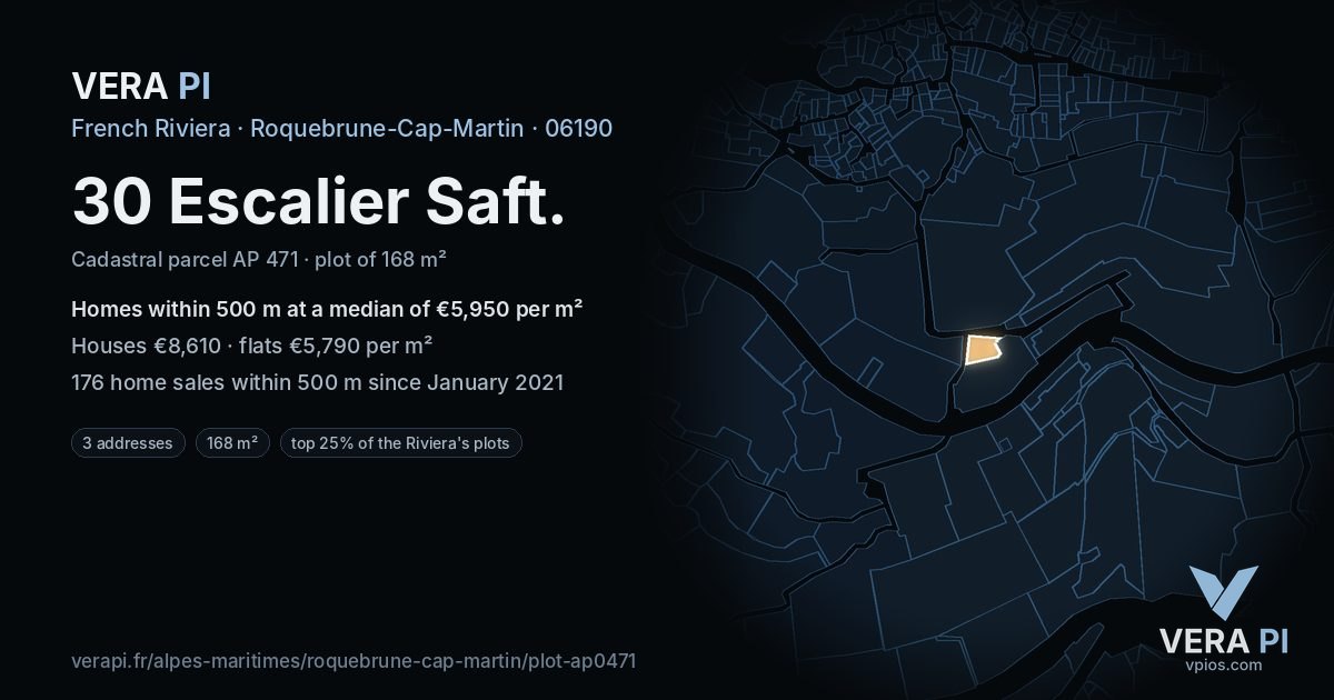 30 Escalier Saft, Roquebrune-Cap-Martin at night – the plot lit, the parcels around coloured by the prices near them