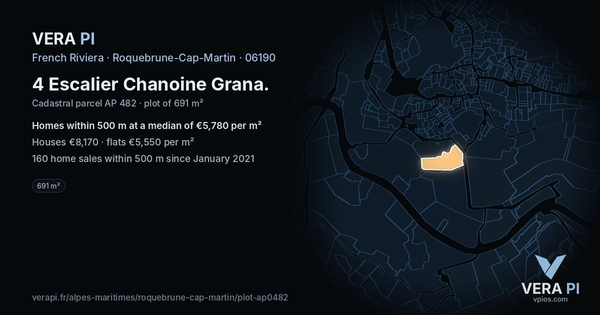 4 Escalier Chanoine Grana, Roquebrune-Cap-Martin at night – the plot lit, the parcels around coloured by the prices near them
