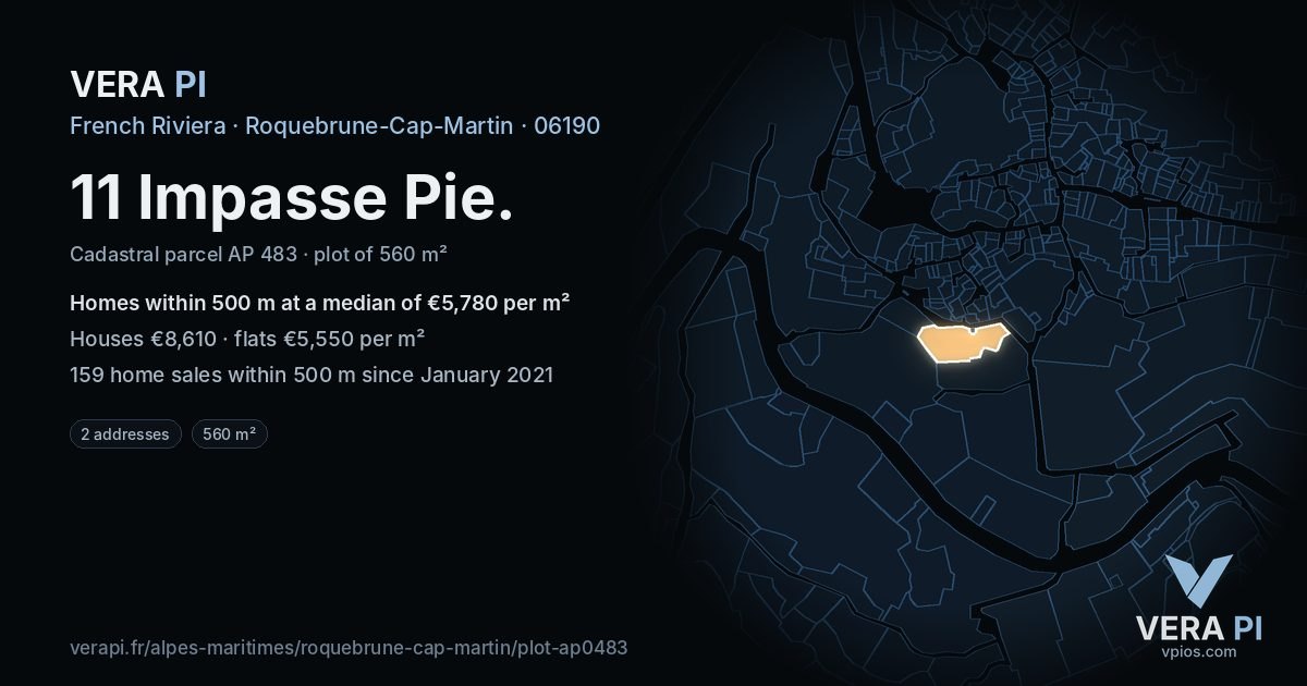 11 Impasse Pie, Roquebrune-Cap-Martin at night – the plot lit, the parcels around coloured by the prices near them