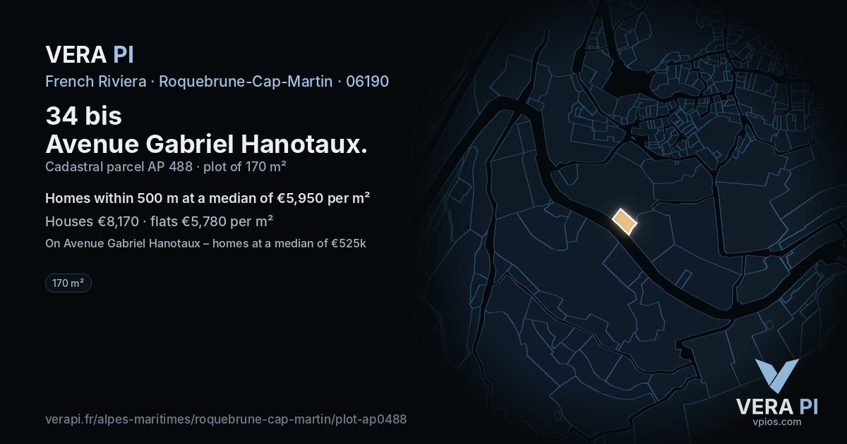 34 bis Avenue Gabriel Hanotaux, Roquebrune-Cap-Martin at night – the plot lit, the parcels around coloured by the prices near them