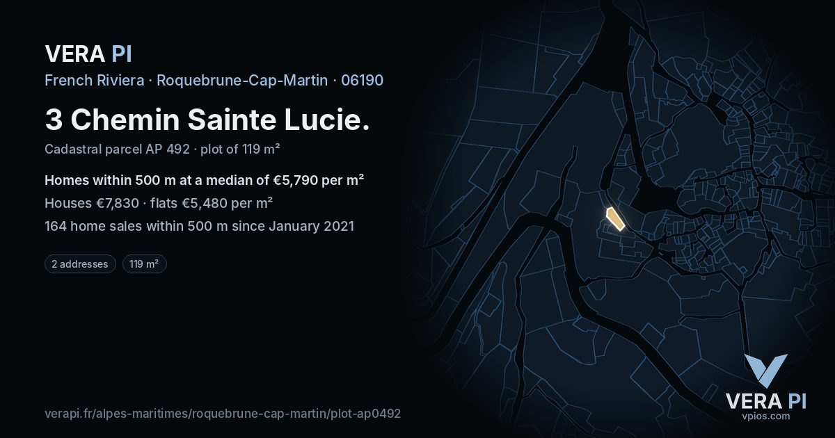 3 Chemin Sainte Lucie, Roquebrune-Cap-Martin at night – the plot lit, the parcels around coloured by the prices near them