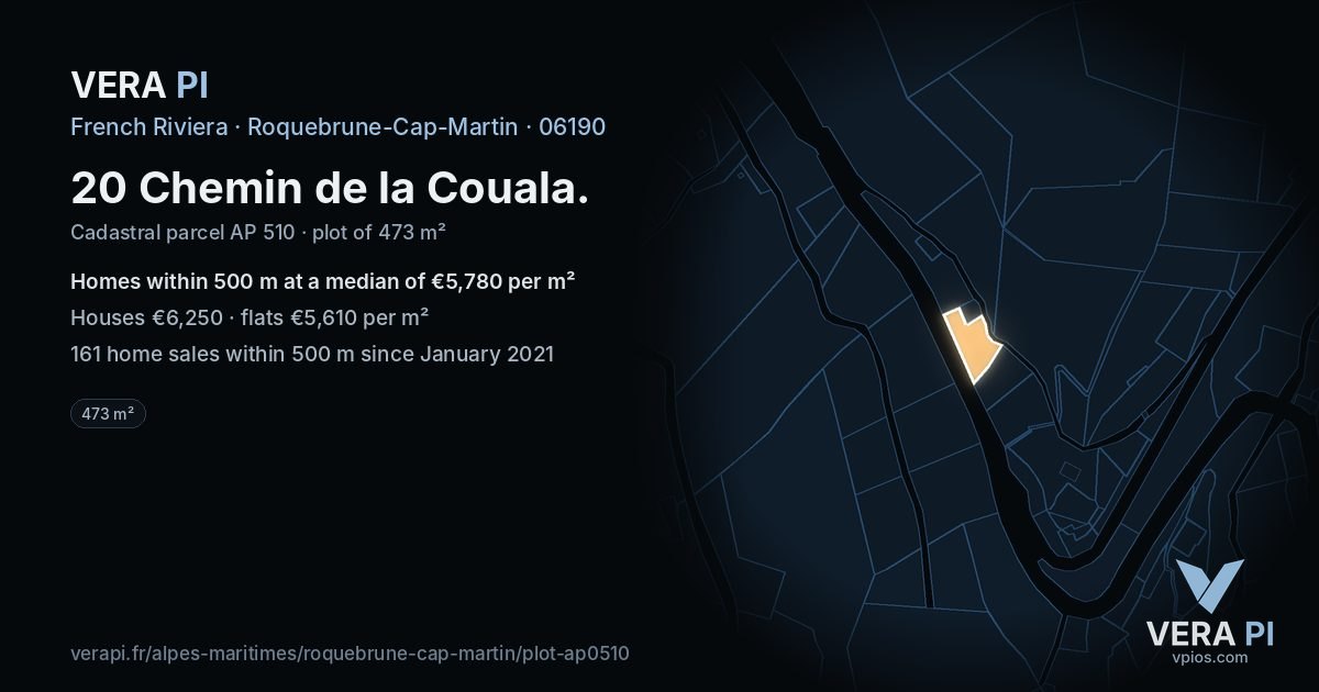 20 Chemin de la Couala, Roquebrune-Cap-Martin at night – the plot lit, the parcels around coloured by the prices near them