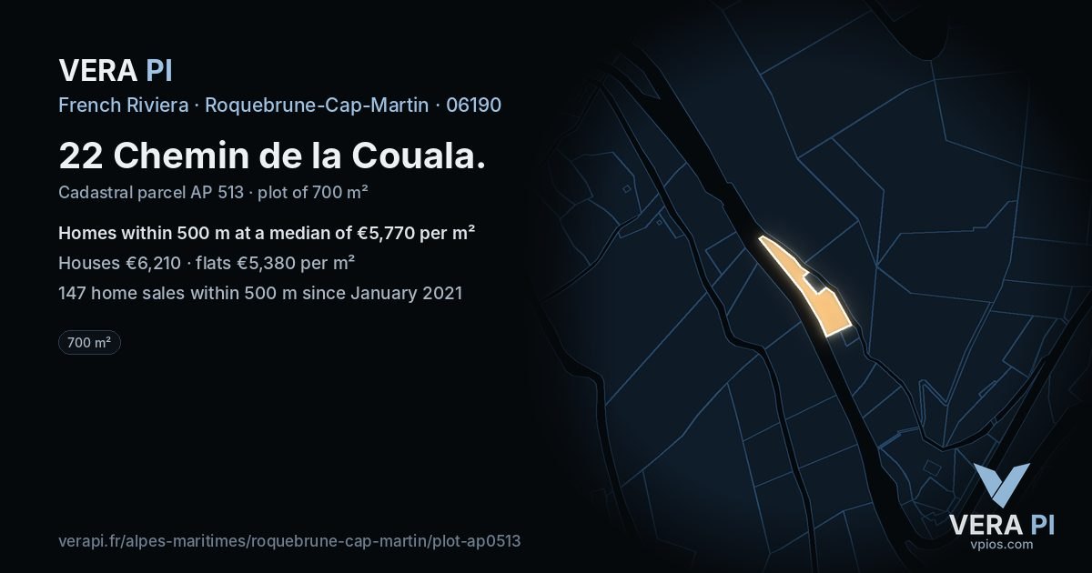 22 Chemin de la Couala, Roquebrune-Cap-Martin at night – the plot lit, the parcels around coloured by the prices near them