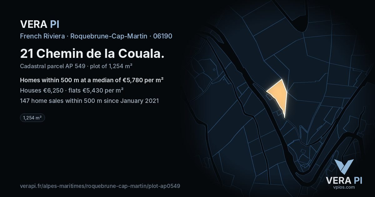 21 Chemin de la Couala, Roquebrune-Cap-Martin at night – the plot lit, the parcels around coloured by the prices near them