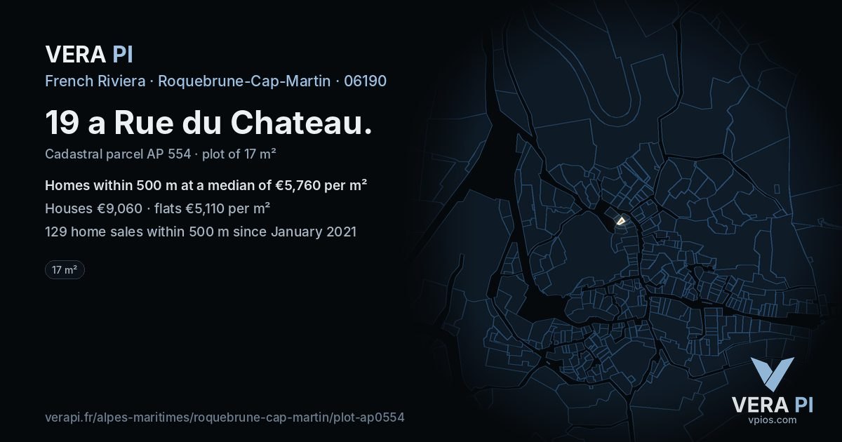 19 a Rue du Chateau, Roquebrune-Cap-Martin at night – the plot lit, the parcels around coloured by the prices near them