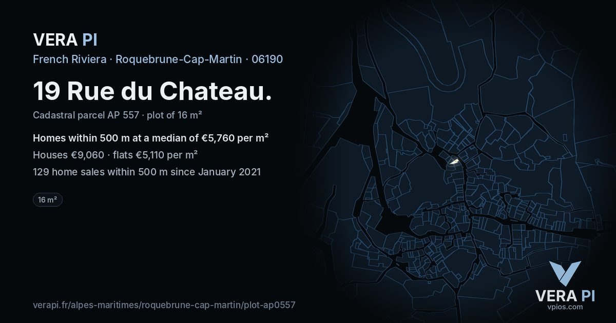 19 Rue du Chateau, Roquebrune-Cap-Martin at night – the plot lit, the parcels around coloured by the prices near them