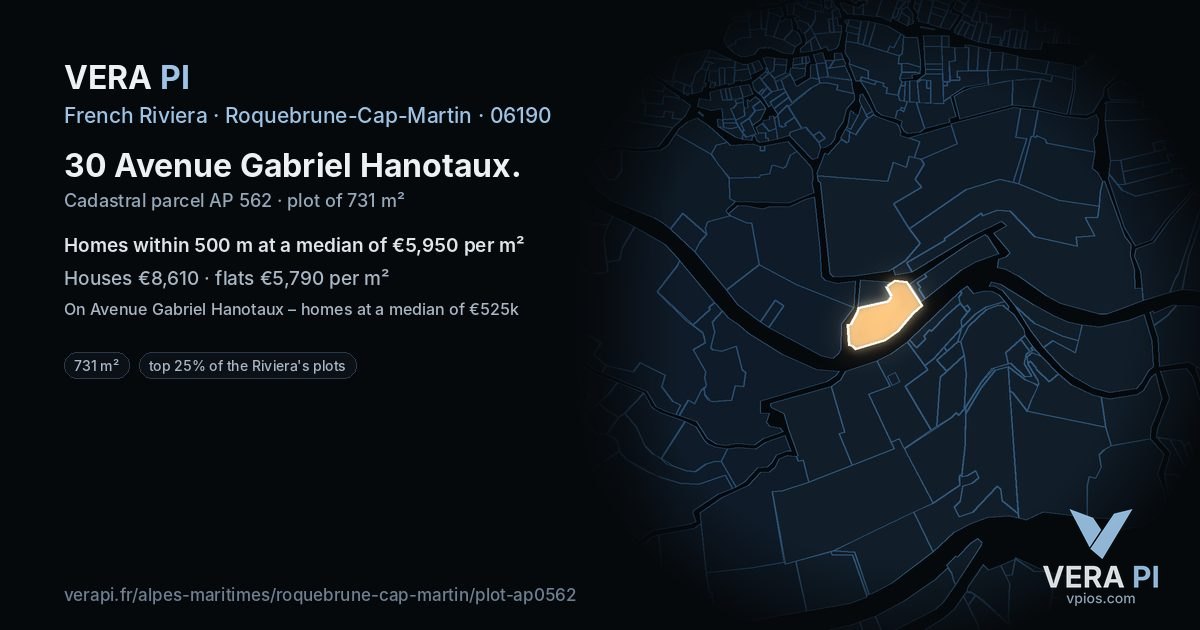 30 Avenue Gabriel Hanotaux, Roquebrune-Cap-Martin at night – the plot lit, the parcels around coloured by the prices near them