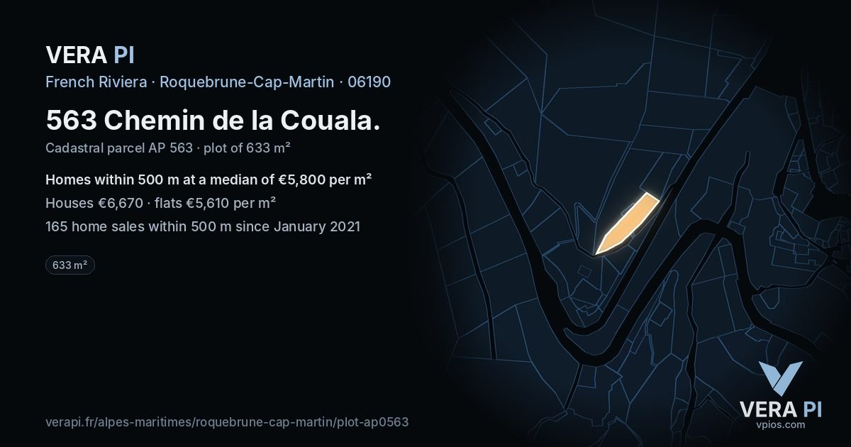 563 Chemin de la Couala, Roquebrune-Cap-Martin at night – the plot lit, the parcels around coloured by the prices near them