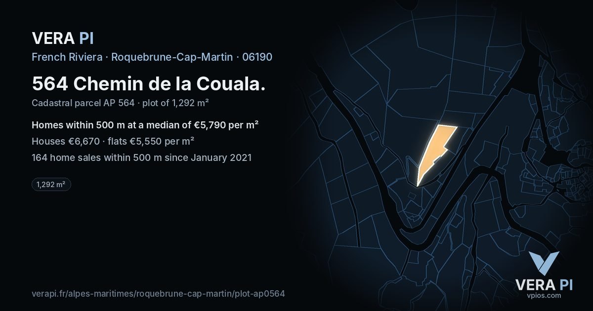 564 Chemin de la Couala, Roquebrune-Cap-Martin at night – the plot lit, the parcels around coloured by the prices near them