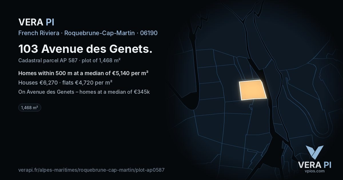 103 Avenue des Genets, Roquebrune-Cap-Martin at night – the plot lit, the parcels around coloured by the prices near them