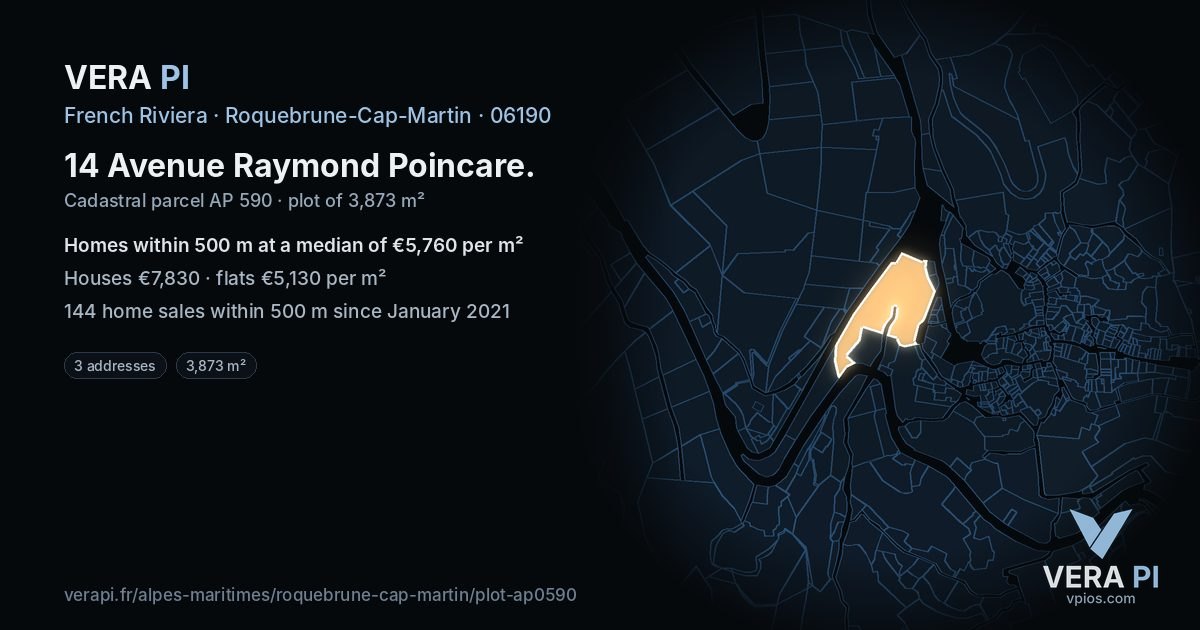 14 Avenue Raymond Poincare, Roquebrune-Cap-Martin at night – the plot lit, the parcels around coloured by the prices near them