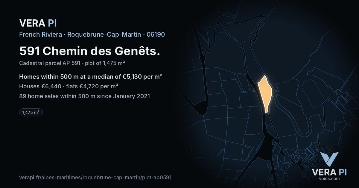 591 Chemin des Genêts, Roquebrune-Cap-Martin at night – the plot lit, the parcels around coloured by the prices near them