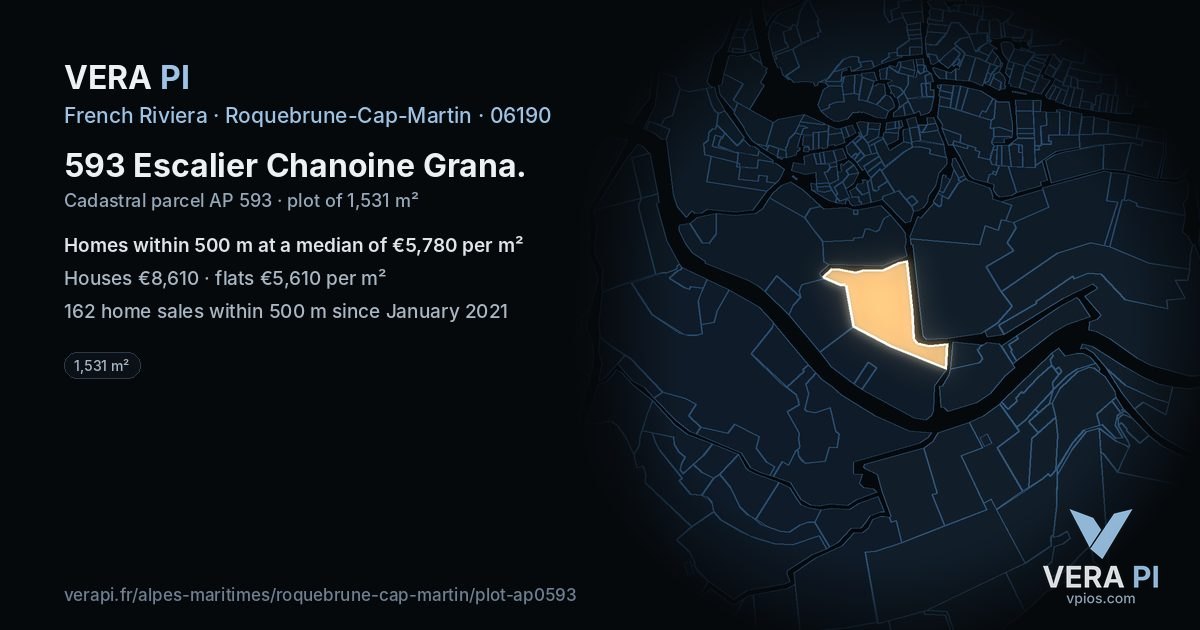 593 Escalier Chanoine Grana, Roquebrune-Cap-Martin at night – the plot lit, the parcels around coloured by the prices near them