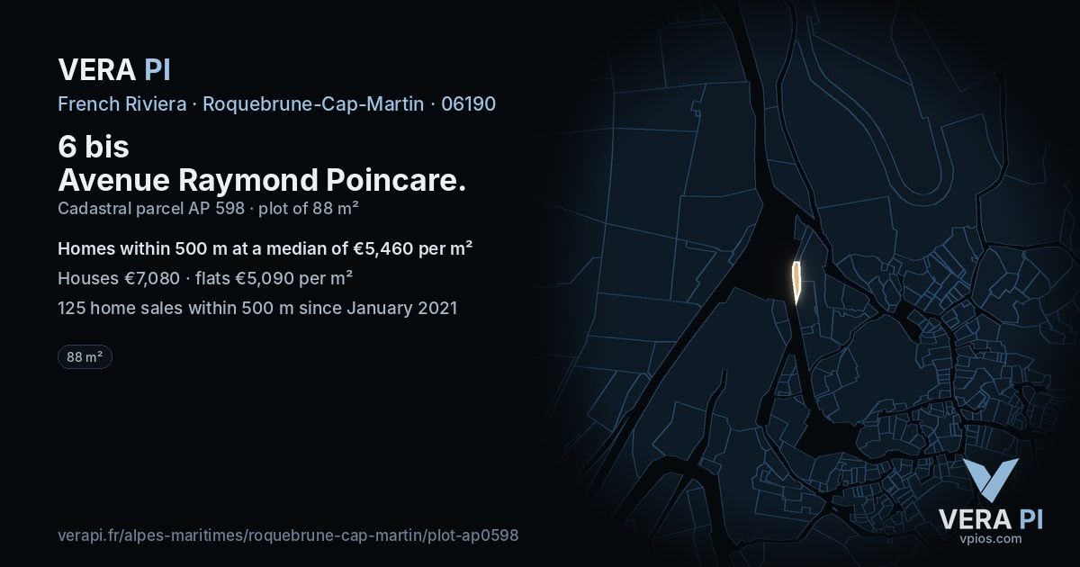 6 bis Avenue Raymond Poincare, Roquebrune-Cap-Martin at night – the plot lit, the parcels around coloured by the prices near them