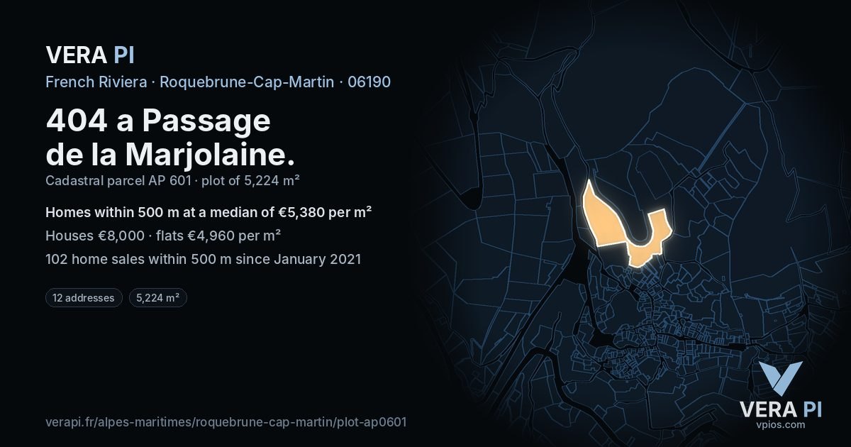 404 a Passage de la Marjolaine, Roquebrune-Cap-Martin at night – the plot lit, the parcels around coloured by the prices near them