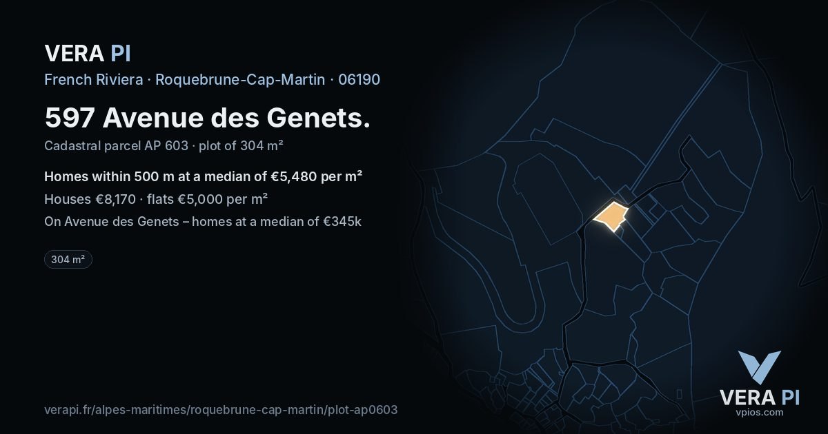 597 Avenue des Genets, Roquebrune-Cap-Martin at night – the plot lit, the parcels around coloured by the prices near them