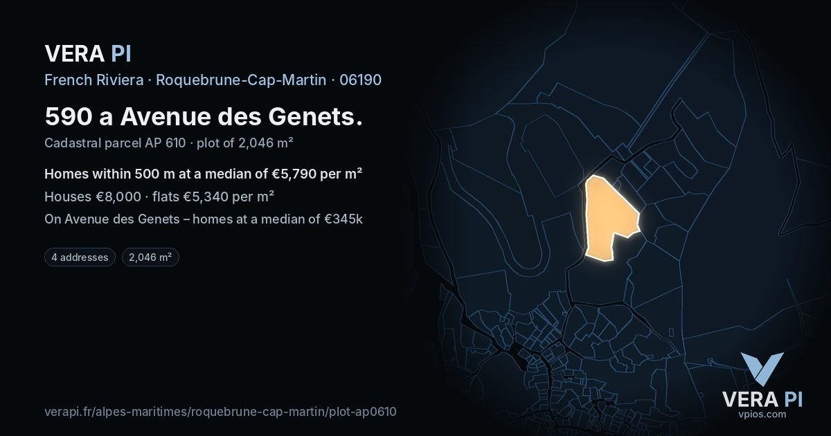 590 a Avenue des Genets, Roquebrune-Cap-Martin at night – the plot lit, the parcels around coloured by the prices near them