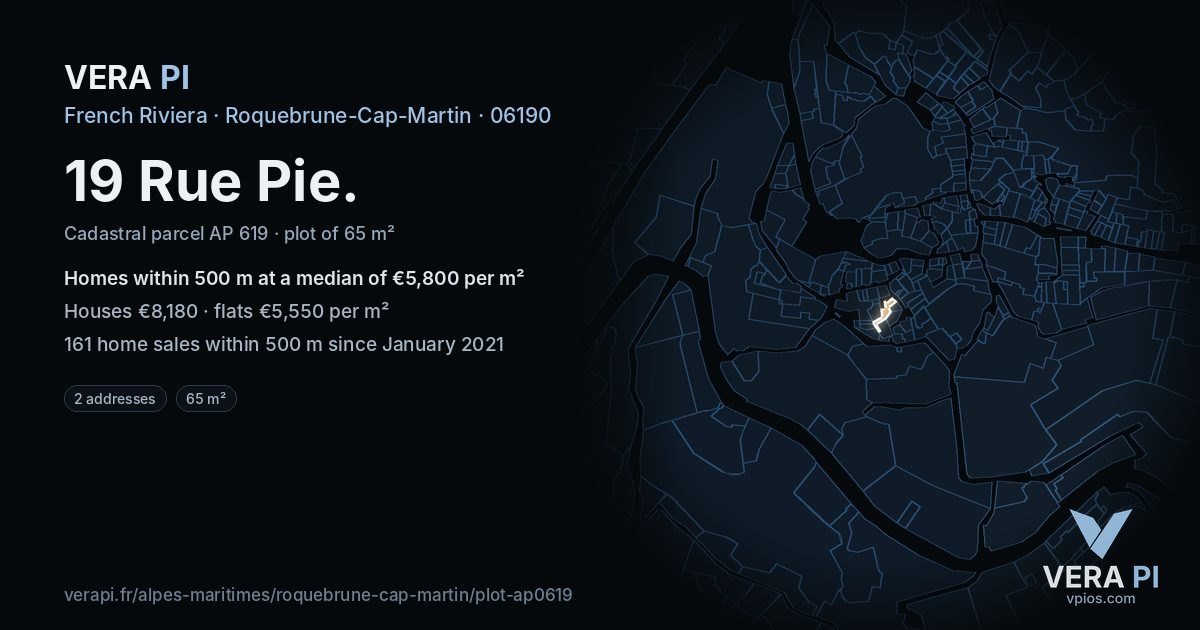 19 Rue Pie, Roquebrune-Cap-Martin at night – the plot lit, the parcels around coloured by the prices near them