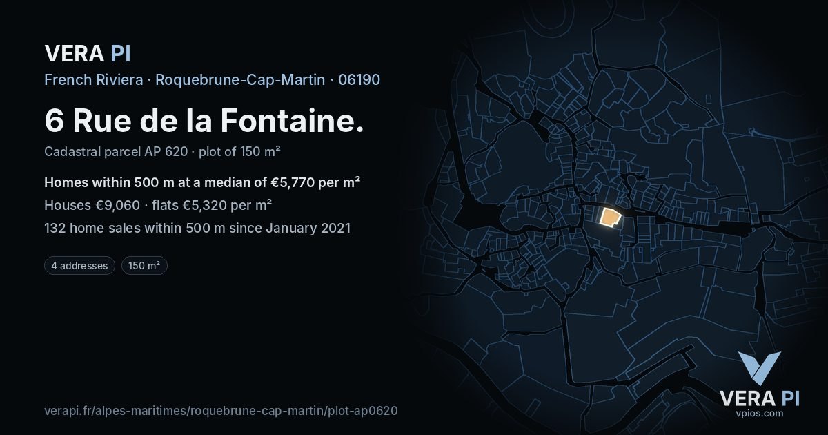 6 Rue de la Fontaine, Roquebrune-Cap-Martin at night – the plot lit, the parcels around coloured by the prices near them