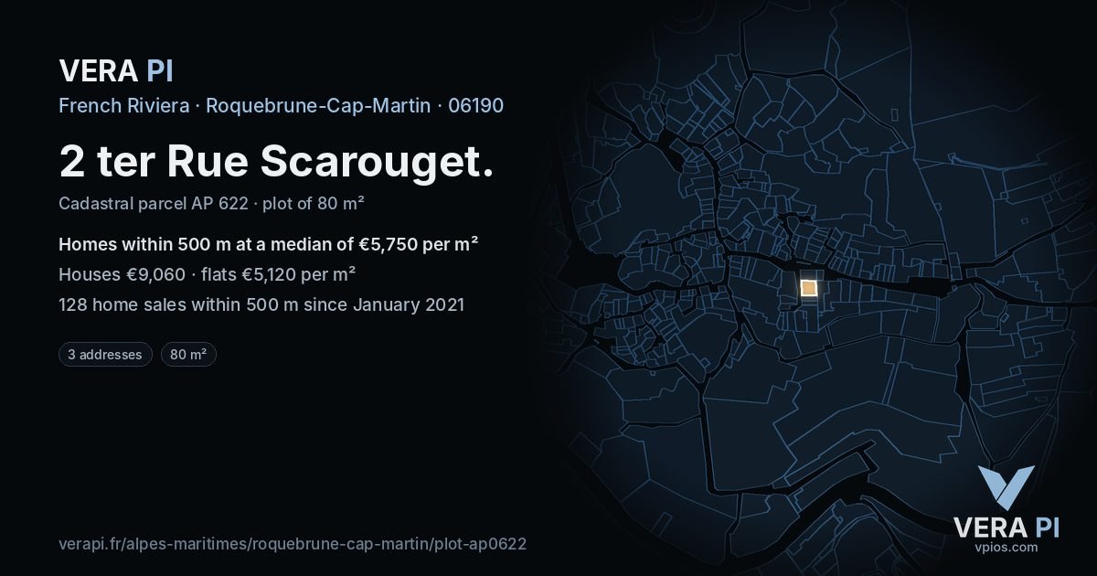 2 ter Rue Scarouget, Roquebrune-Cap-Martin at night – the plot lit, the parcels around coloured by the prices near them