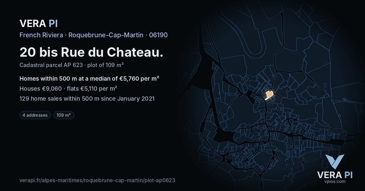 20 bis Rue du Chateau, Roquebrune-Cap-Martin at night – the plot lit, the parcels around coloured by the prices near them