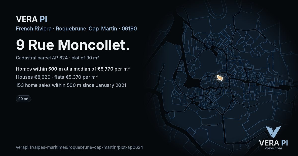 9 Rue Moncollet, Roquebrune-Cap-Martin at night – the plot lit, the parcels around coloured by the prices near them