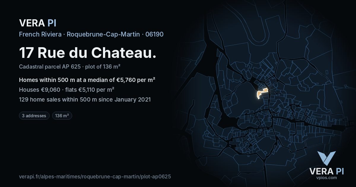 17 Rue du Chateau, Roquebrune-Cap-Martin at night – the plot lit, the parcels around coloured by the prices near them