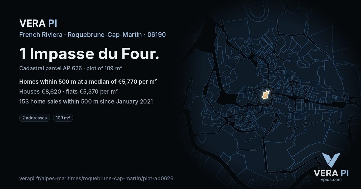 1 Impasse du Four, Roquebrune-Cap-Martin at night – the plot lit, the parcels around coloured by the prices near them