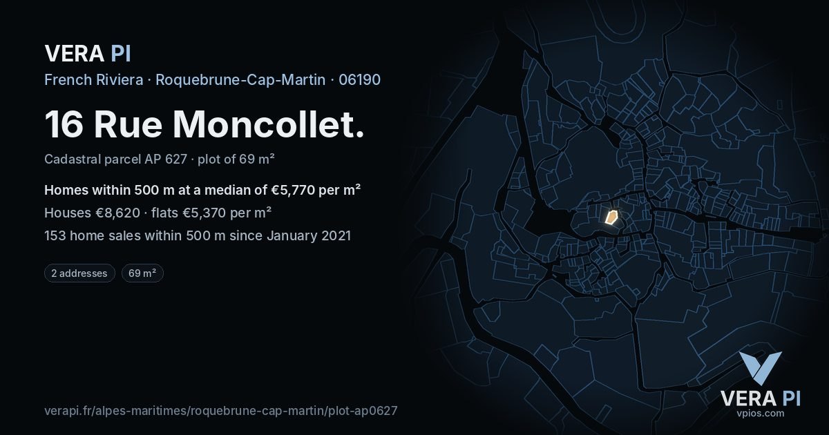 16 Rue Moncollet, Roquebrune-Cap-Martin at night – the plot lit, the parcels around coloured by the prices near them