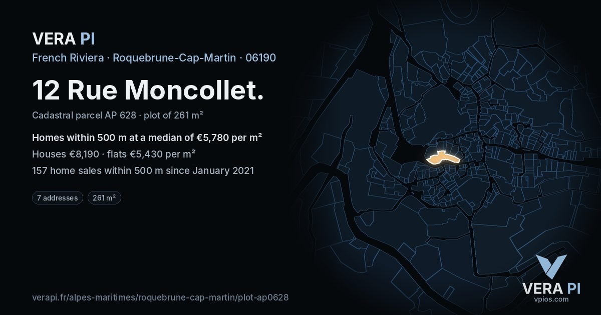 12 Rue Moncollet, Roquebrune-Cap-Martin at night – the plot lit, the parcels around coloured by the prices near them