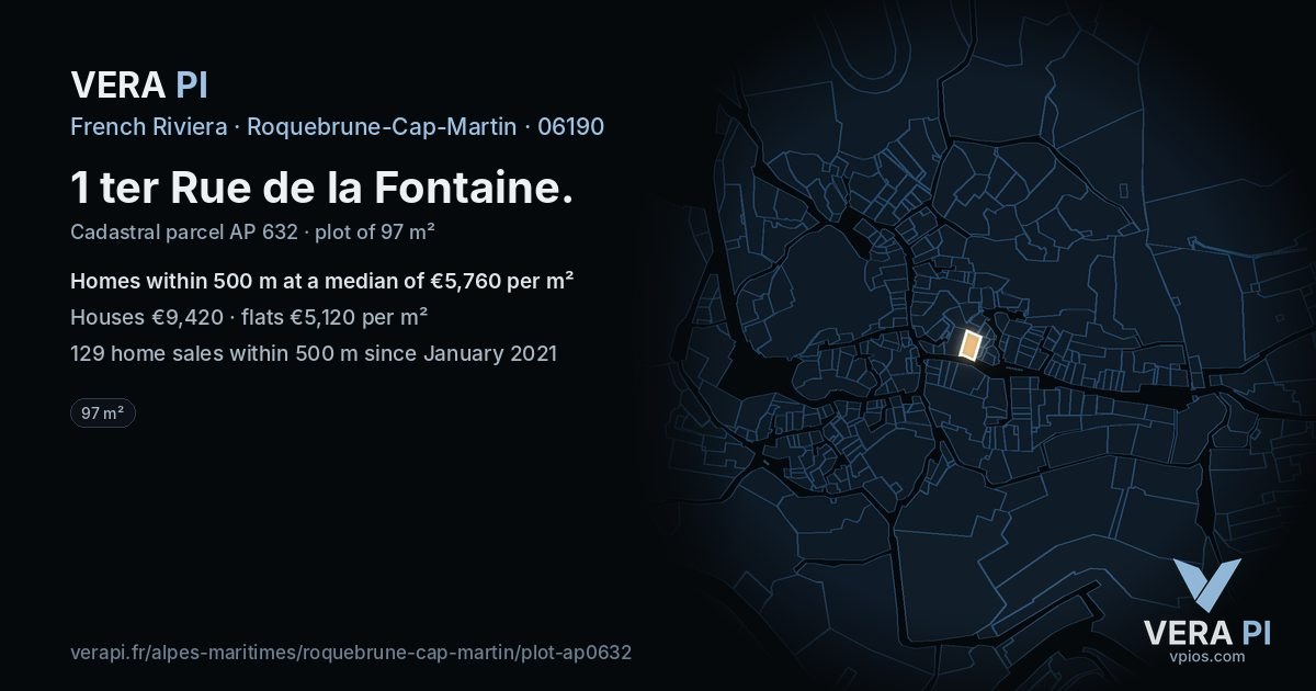 1 ter Rue de la Fontaine, Roquebrune-Cap-Martin at night – the plot lit, the parcels around coloured by the prices near them