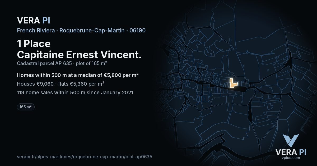 1 Place Capitaine Ernest Vincent, Roquebrune-Cap-Martin at night – the plot lit, the parcels around coloured by the prices near them