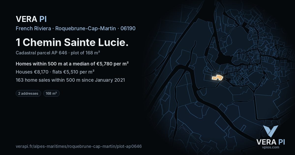 1 Chemin Sainte Lucie, Roquebrune-Cap-Martin at night – the plot lit, the parcels around coloured by the prices near them