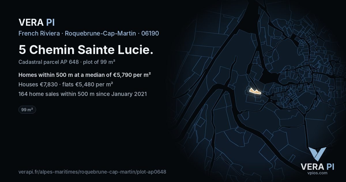 5 Chemin Sainte Lucie, Roquebrune-Cap-Martin at night – the plot lit, the parcels around coloured by the prices near them