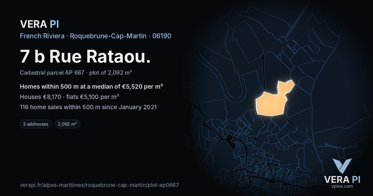 7 b Rue Rataou, Roquebrune-Cap-Martin at night – the plot lit, the parcels around coloured by the prices near them
