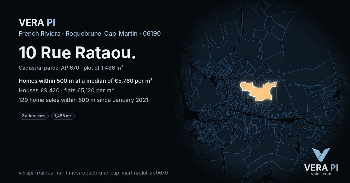 10 Rue Rataou, Roquebrune-Cap-Martin at night – the plot lit, the parcels around coloured by the prices near them